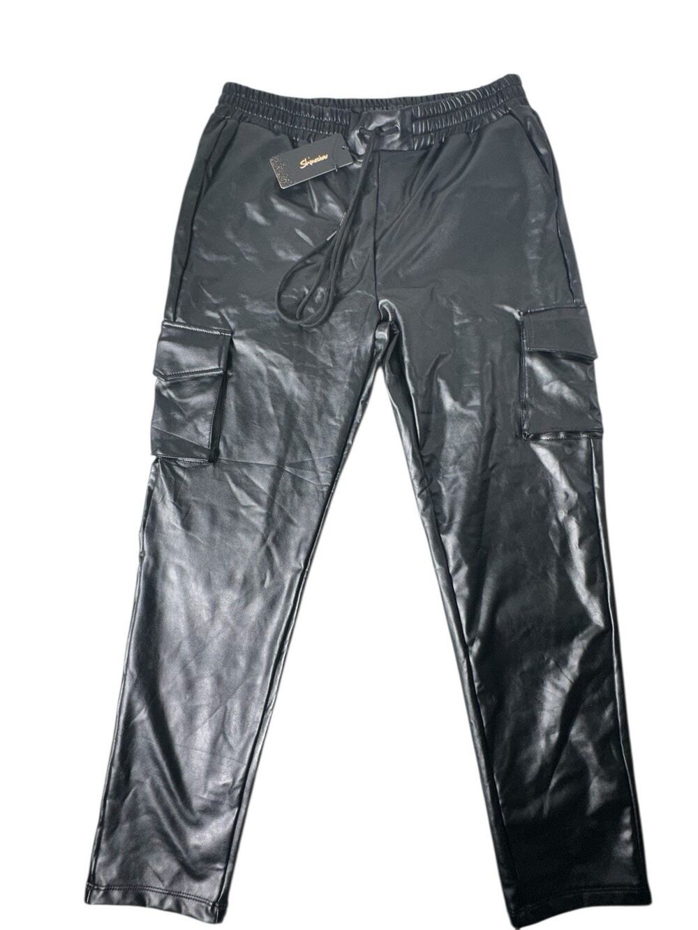 Shinestar Black Faux Leather Cargo Jogger Pants Women’s XL Y2K High Rise